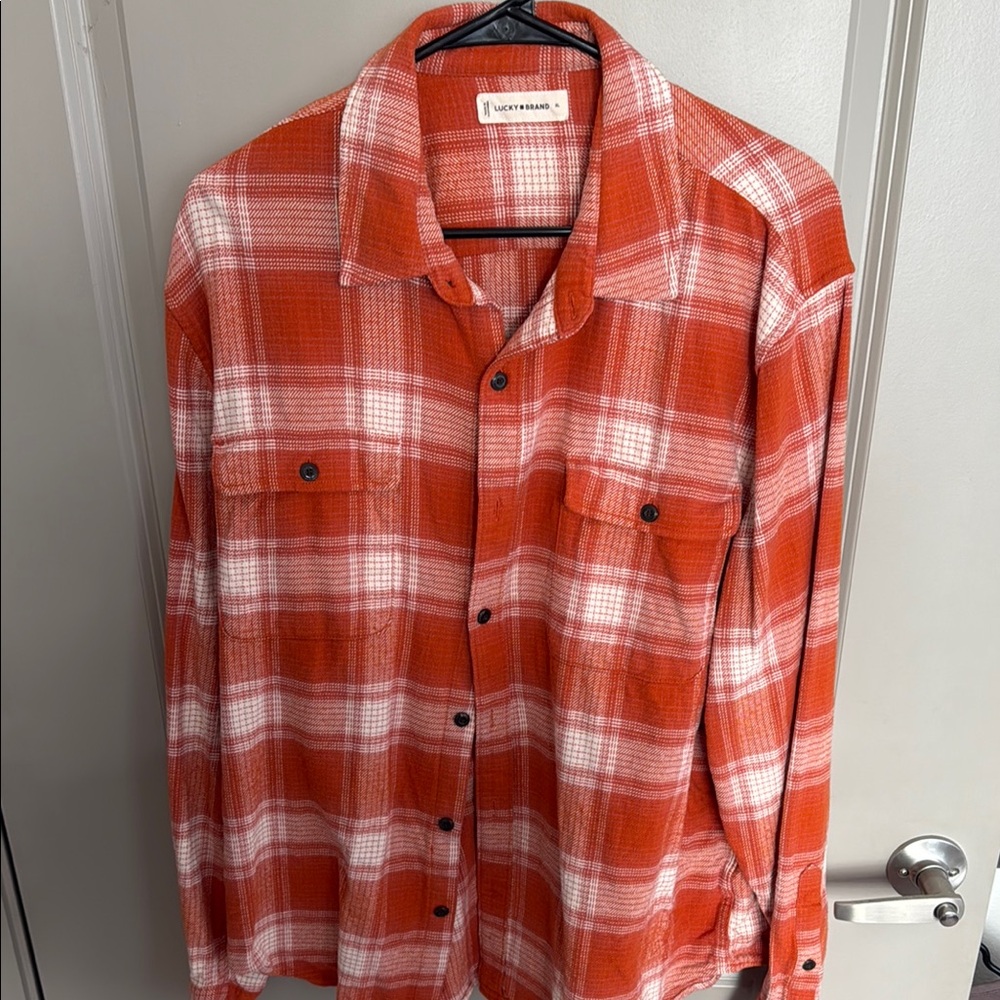 Lucky Brand White and Orange Casual Button Down Shirt